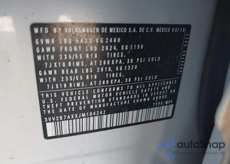 2018 Volkswagen Tiguan 2.0T Se/2.0T Sel z USA, uszkodzony, nr VIN 3VV2B7AXXJM184242